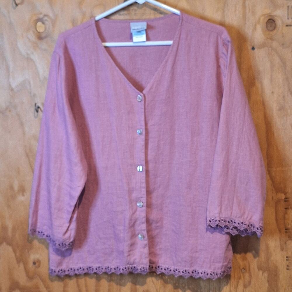Two Star Dog Shirt Women's Large 100% Linen Mauve Pink Lace Classic Workwear